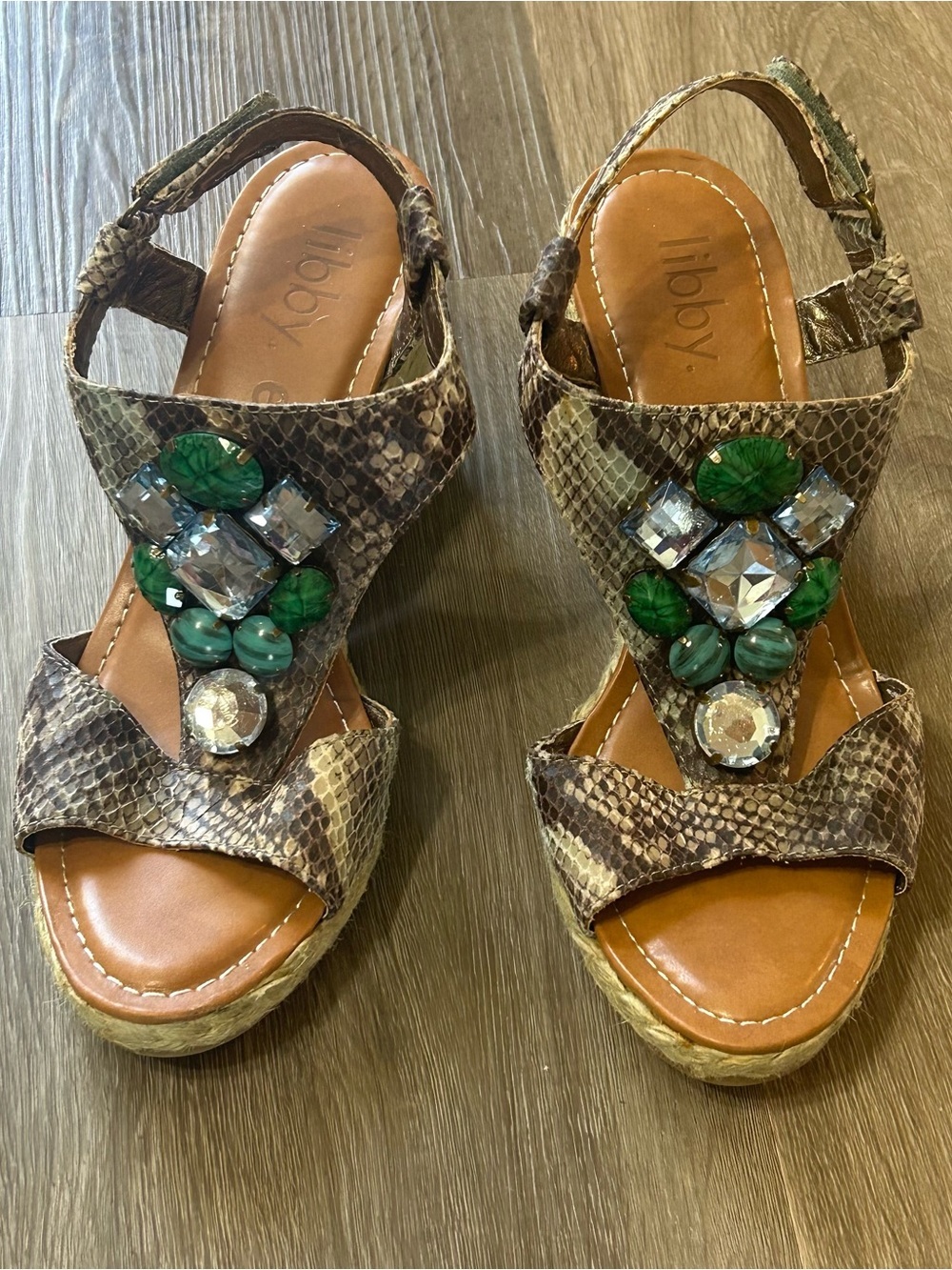 Snake Print Jewel Wedge Espadrille Sandals Green Size 6.5